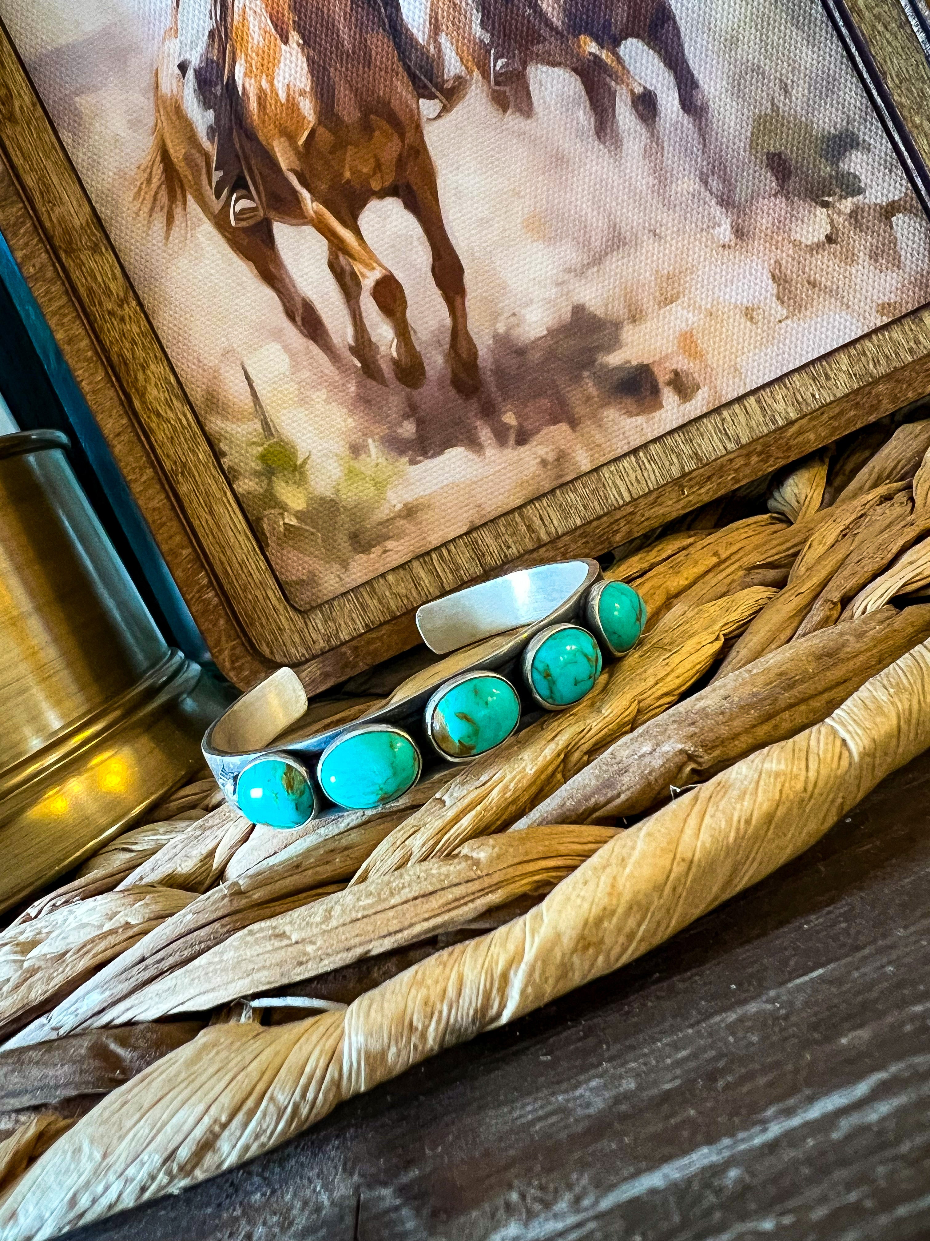 5 Oval Stone Turquoise Stamped Cuff