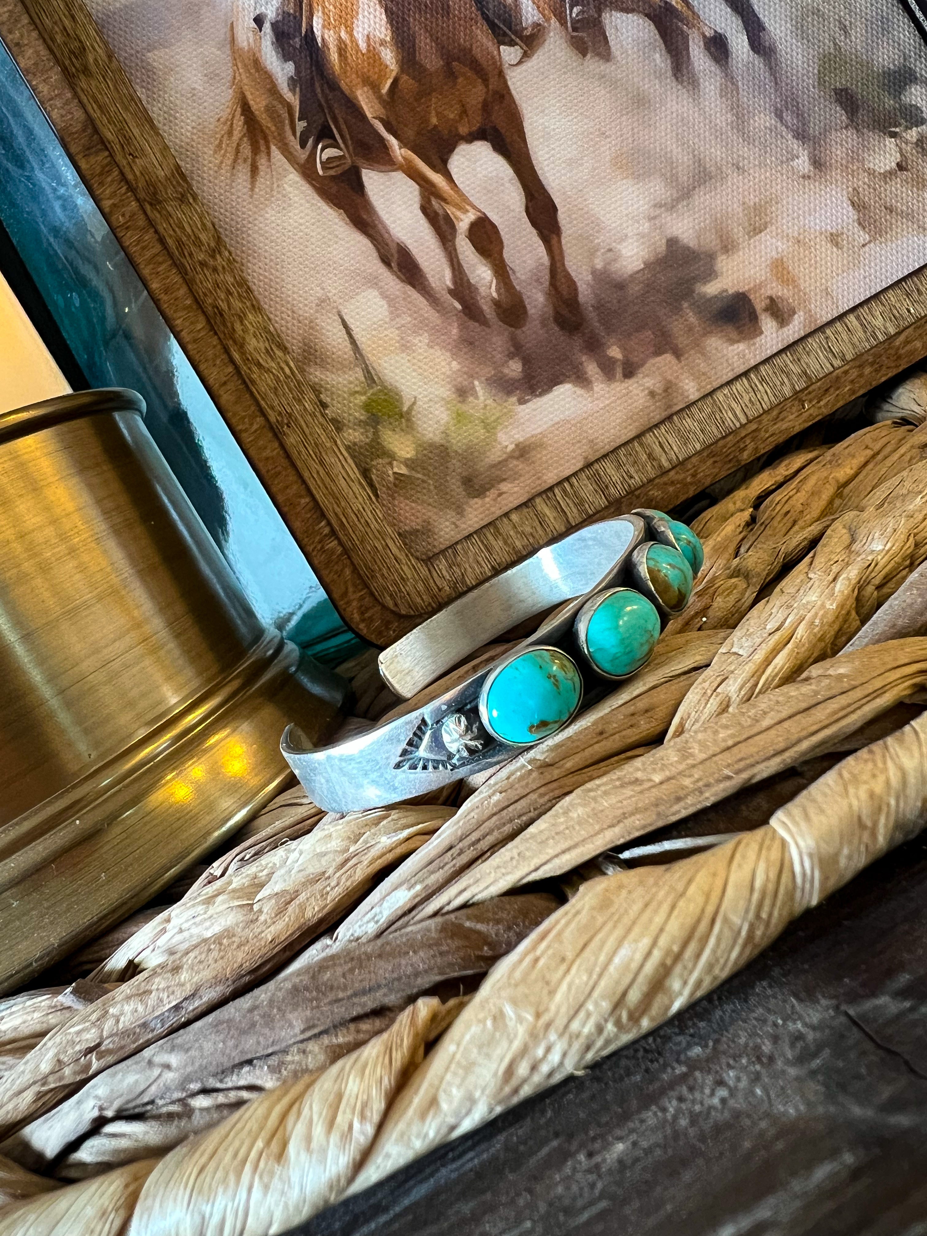 5 Oval Stone Turquoise Stamped Cuff